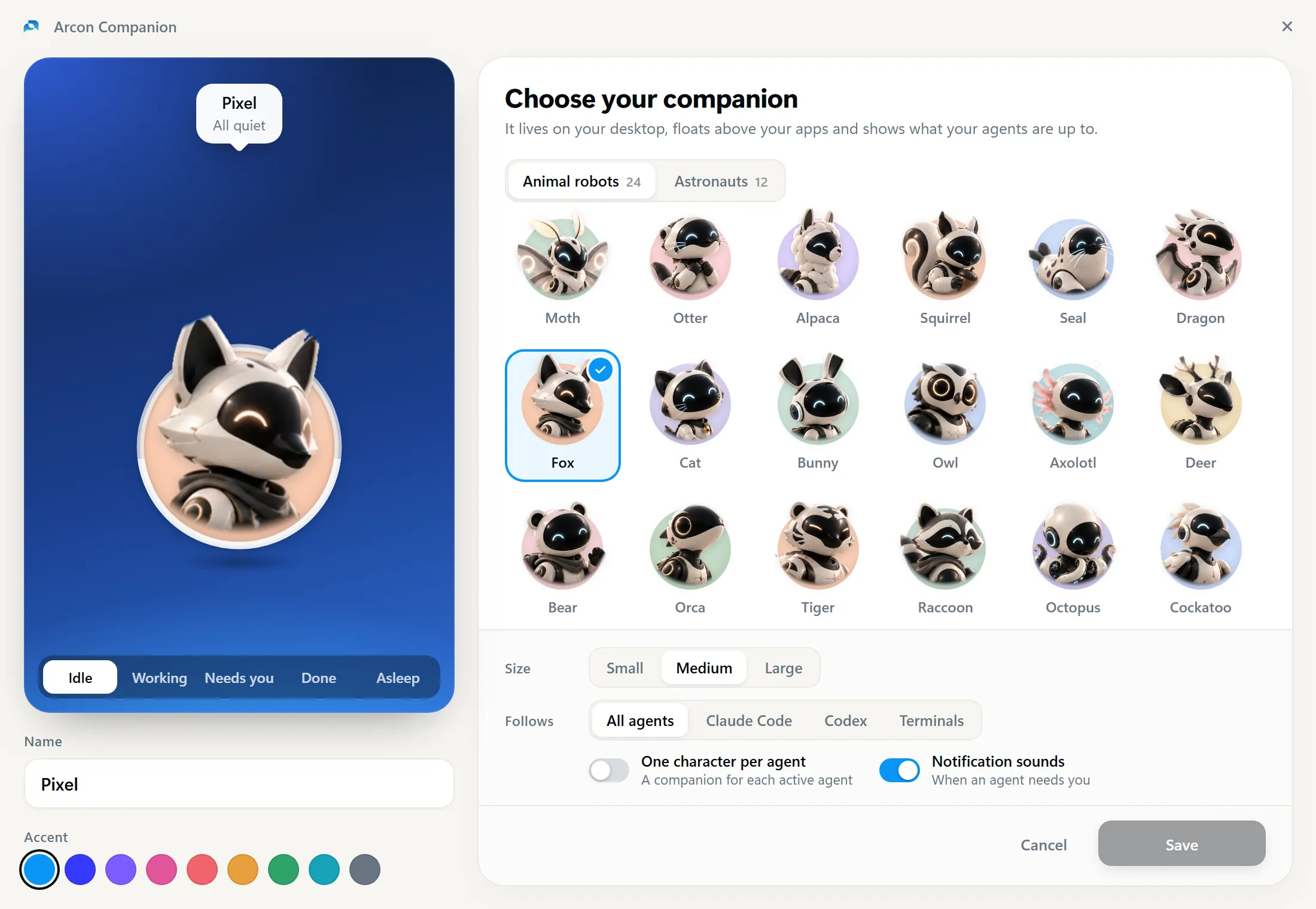 Choose your companion: a fox robot in the preview, and a grid of animal robots to pick from.