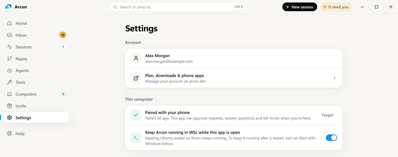 Settings, This computer: paired with your phone, and Keep Arcon running in WSL while this app is open, switched on.
