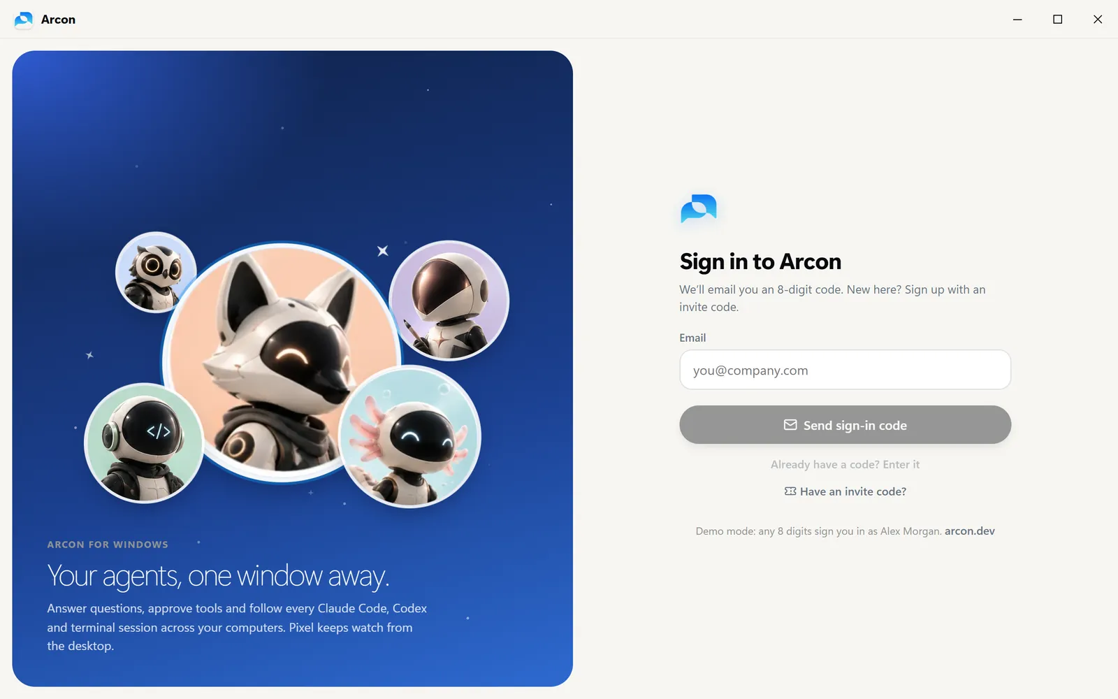 Arcon for Windows sign-in: Your agents, one window away, next to the email form.