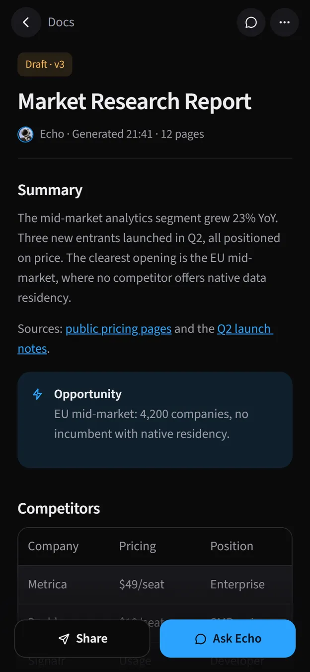 The Market Research Report open as a document on the phone: a summary, an opportunity callout and a competitor table.