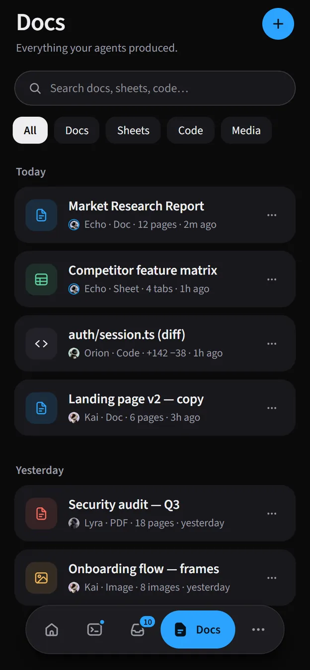 The Docs tab listing documents produced by agents: a report, a feature matrix, a diff, landing page copy and a security audit.