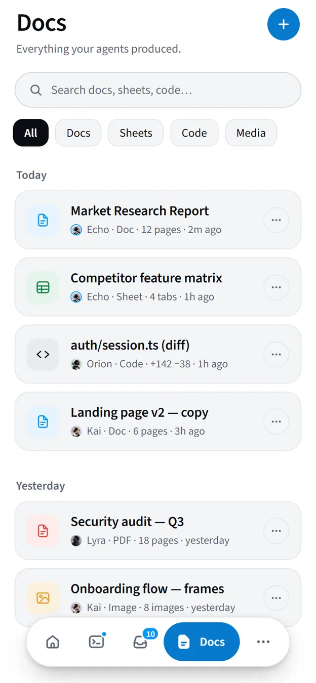 The Docs tab listing documents produced by agents: a report, a feature matrix, a diff, landing page copy and a security audit.
