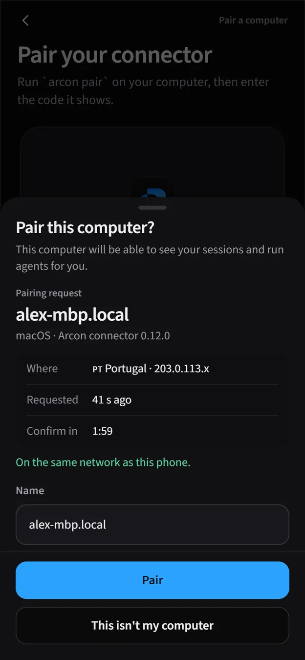 Pair this computer? The computer's name alex-mbp.local, macOS · Arcon connector 0.12.0, where and when it asked, a countdown, a name field, and Pair or This isn't my computer.