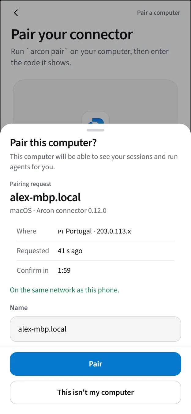 Pair this computer? The computer's name alex-mbp.local, macOS · Arcon connector 0.12.0, where and when it asked, a countdown, a name field, and Pair or This isn't my computer.