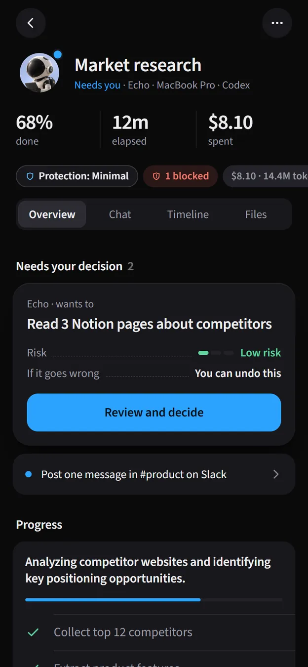 A session on the phone: progress, time and spend, and the decision it needs.