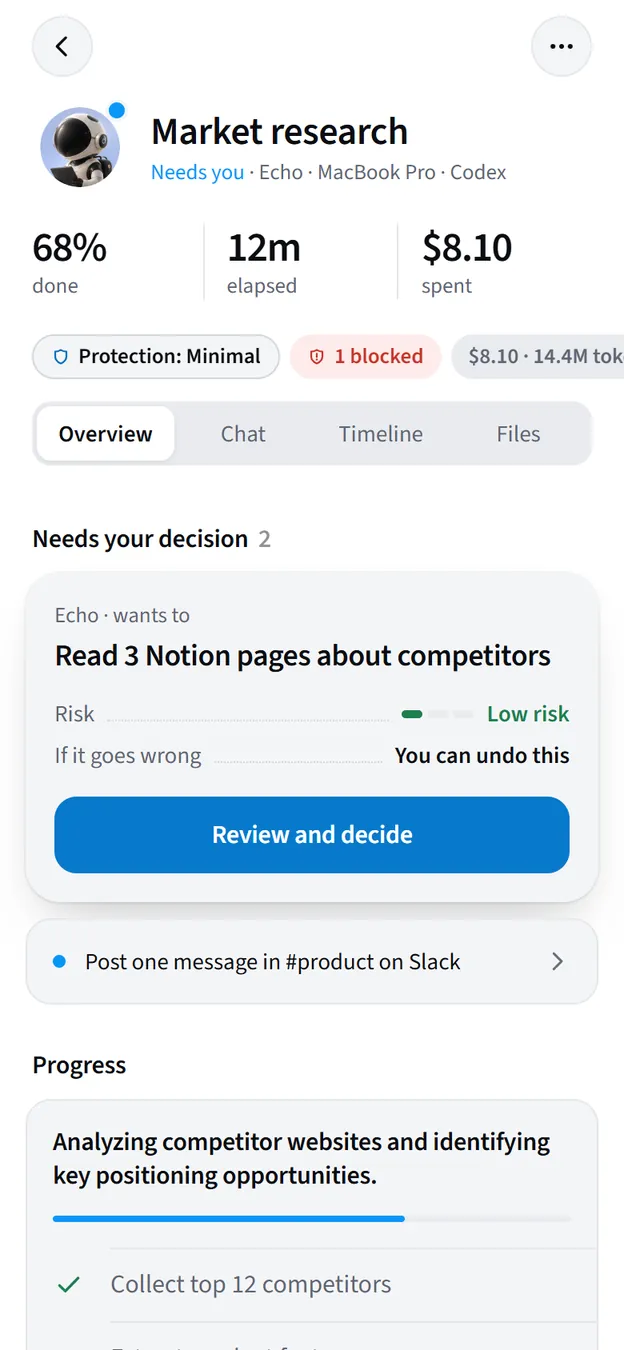 A session on the phone: progress, time and spend, and the decision it needs.