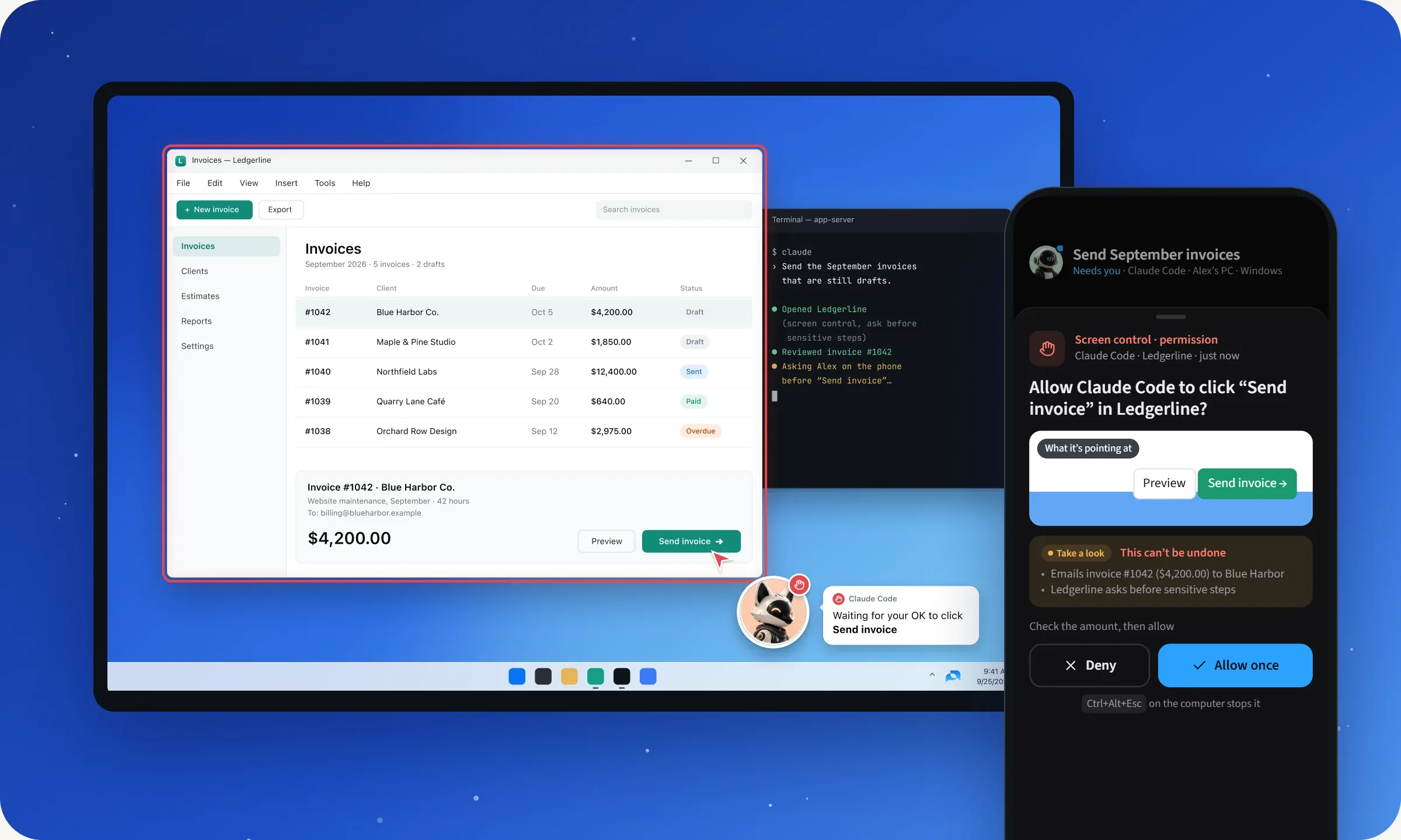 A Windows desktop where the agent operates an invoicing app inside a red frame, with the phone asking to allow a click on Send invoice.