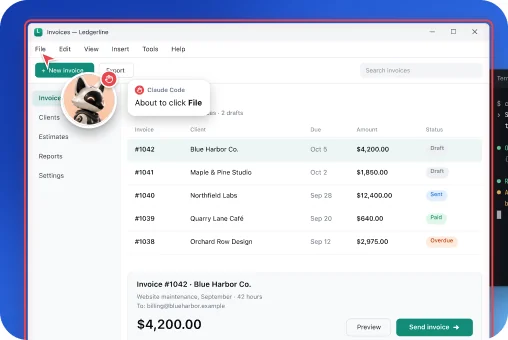 The invoicing app inside a red frame while the agent operates it.