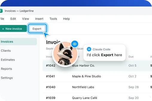 The companion over an invoicing app with an eye badge, saying it would click Export.